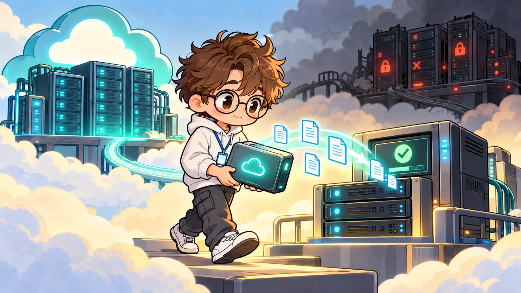 工程师利用独立云环境中的备份恢复服务(AI 生成示意图)